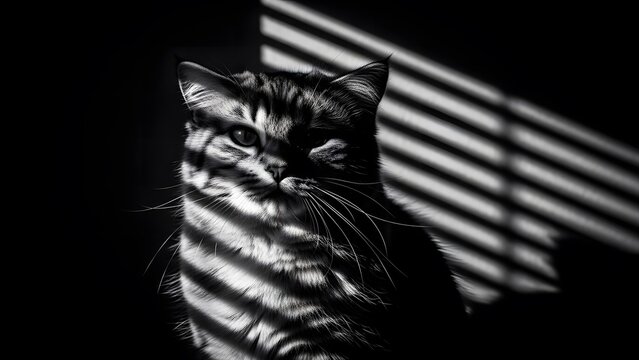 Black and white portrait of a cat with dramatic shadows, characterized by the interplay of light and shadow, created by blinds casting striped patterns across the cat&rsquo;s face and body. 