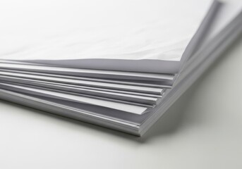 Closeup of a stack of white paper, showcasing the crisp edges and smooth surfaces, ideal for office supplies or stationery concepts