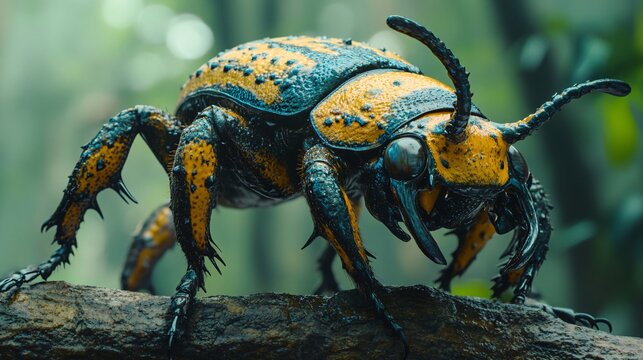Detailed closeup of a goliath beetle crawling on a branch, showcasing its impressive size and detailed textures. The insect's vivid yellow and black markings create a striking visual contrast.