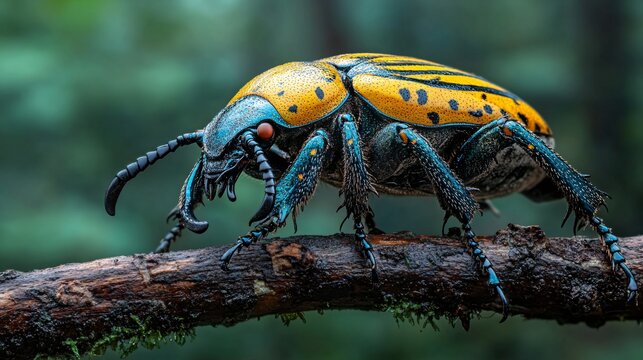 Detailed close-up showcases a goliath beetle crawling along a branch, its textured exoskeleton displaying vibrant yellow and blue hues. A macro perspective highlights nature's intricate details.