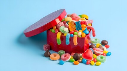 A red box overflowing with colorful assorted candies on a light blue background