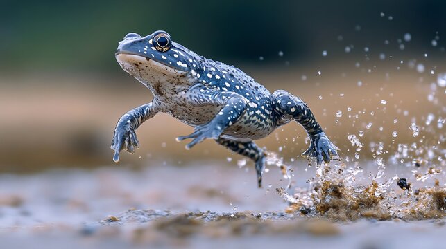 A mudskipper leaps dynamically from a textured mudflat, a vibrant display of natural action. This amphibian shows incredible detail as it propels itself forward