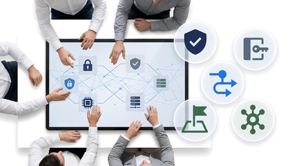 Business people discussing cybersecurity concepts on a large screen