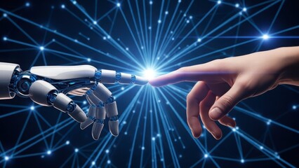 Humanity and Artificial intelligence meeting: A stunning visual narrative of collaboration and advancement, depicting the meeting of a human finger and robotic hand.