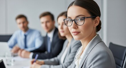 Diverse business team in a meeting, focused woman in foreground with glasses, colleagues blurred in background, corporate environment, collaboration, setting, business concept, modern