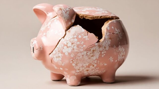 Shattered Savings: A close-up view of a broken piggy bank, representing financial struggle and economic hardship. The image evokes a sense of loss and the fragility of savings.