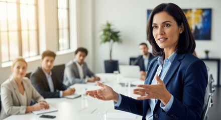 Dynamic businesswoman presenting to a diverse team in a bright office, gesturing with hands, engaging, collaborative, modern