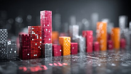 Urban Pixelscape: A captivating composition of abstract cityscapes, rendered in a mosaic of vibrant pixels. Each structure, a testament to the digital age.