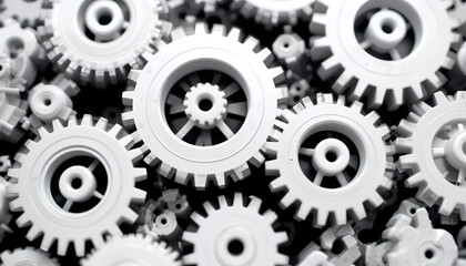 Interlocking white gears in motion, symbolizing teamwork and mechanical harmony