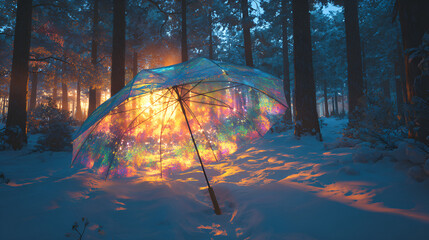 Illuminated umbrella in snowy forest