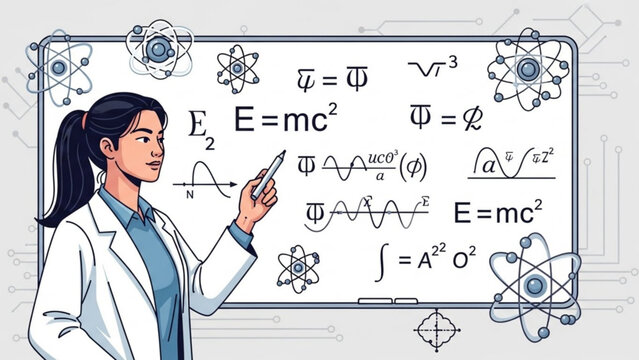 A female scientist in a lab coat writing on a whiteboard filled with complex mathematical equations and atomic symbols