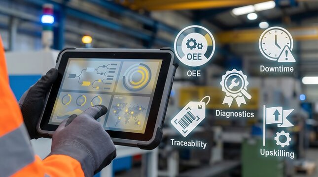 Industrial worker using tablet with technical diagrams in factory setting