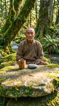Elderly man meditates in serene forest with tea and stone