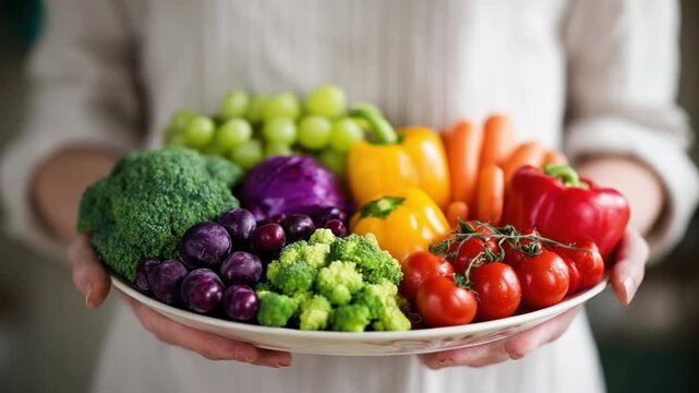 Palette of Nutrients: A person lovingly presents a vibrant plate brimming with a rainbow of fresh, raw fruits and vegetables, celebrating the beauty of healthy eating and the bounty of nature.