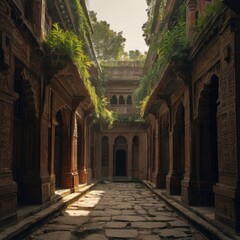 Fototapeta premium Ancient overgrown temple courtyard with intricate carvings and lush greenery
