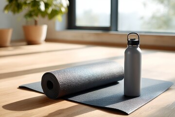 Yoga mat and water bottle in a bright room preparing for workout