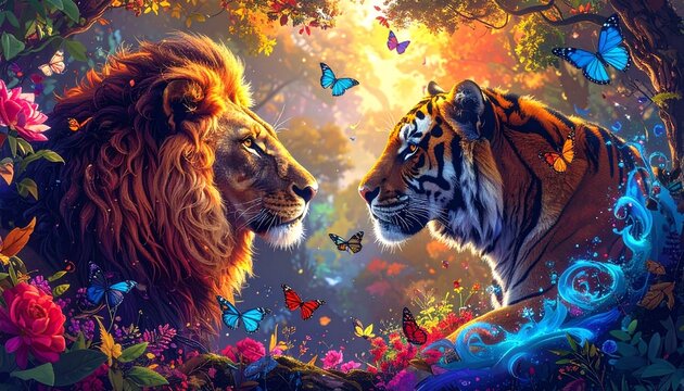 Tiger and lion face each other in a magical forest filled with glowing light, flowers, and butterflies. - Powered by Adobe