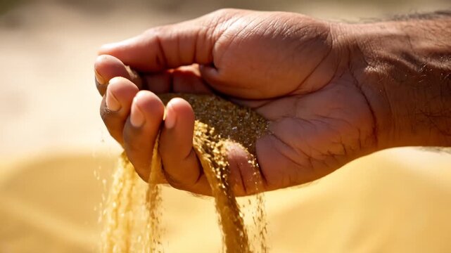Hand Sifting and Pouring Golden Sand Grains, Close Up