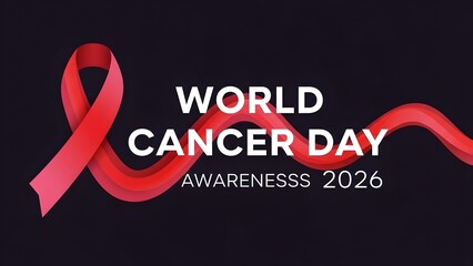 World Cancer Day awareness ribbon with text promoting support and hope for 2026 campaigns.