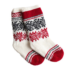 Pair of Knitted Christmas Stockings with Snowflake Patterns Isolated on Transparent Background