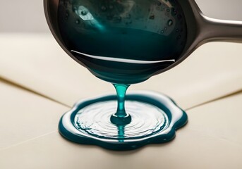 Teal wax seal being poured onto parchment paper with a silver spoon for letter sealing use
