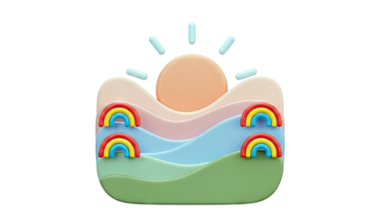 3D Rendering of a Stylized Landscape with Sun and Rainbows