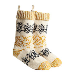 Pair of Knitted Christmas Stockings with Snowflake Patterns Isolated on Transparent Background