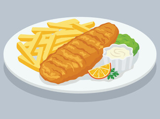 traditional fish and chips on a white plate. Featuring crispy battered fish, french fries, mushy peas, tartar sauce, and a lemon wedge