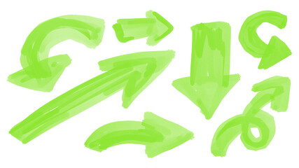 Green hand-drawn arrow set with bold marker texture, assorted directional doodles for creative notes, highlights, and graphic elements.