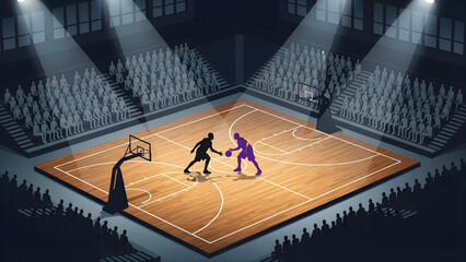 Basketball match between two players on a court with spectators in the stands at night