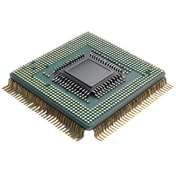 Close-up of a computer processor chip with gold pins