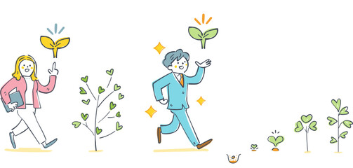 勢いよく走る男性と着実に歩く女性、植物の成長段階のインフォグラフィックで表現したビジネスの加速と進捗管理、手描き風ベクターイラスト 未来を育てる光る芽シリーズ