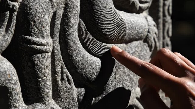 Touching Stone Carving Detail With Hand