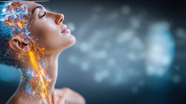 Mindful Connection: A woman, serene and introspective, exudes a sense of mental clarity and emotional awareness against an atmospheric background.