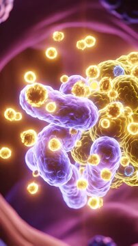 Enteric Nervous System CGI Animation with Purple Bacteria and Yellow Virus Cell Cluster Visualization for Medical