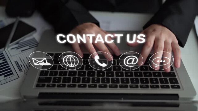 UI concept for contact us section showing icons for email, web, phone, and message. Contact and support icons help streamline business communication and improve customer contact experience. Muxer