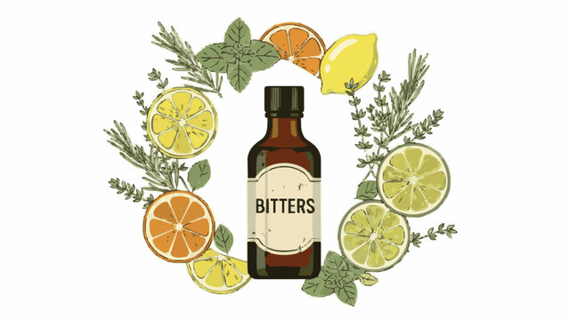 Herbal citrus bitters bottle surrounded by fruits and aromatic herbs. Vintage apothecary cocktail ingredient illustration