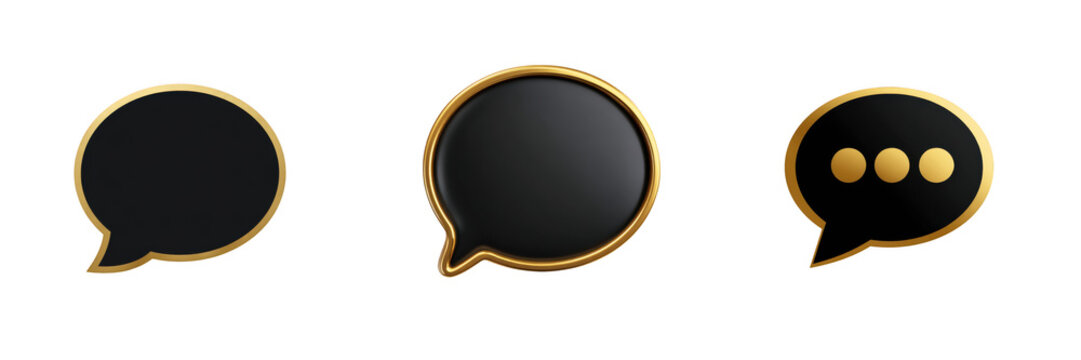 Three black speech bubbles with gold border  isolated on a transparent background