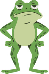 Fototapeta premium Skeptical Green Frog Standing with Hands on Hips on a Neutral Background, Concept of Stubborn Indifference, Resolute Disagreement, Humorous Boredom, and Dismissive Attitude Vector Illustration