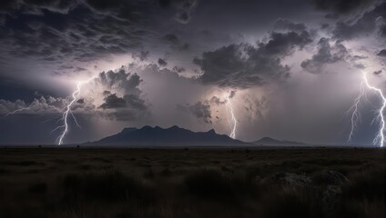 Dramatic lightning storm over a flat, arid landscape