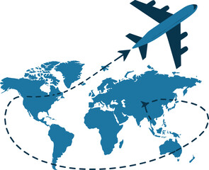 Blue airplane flying over a stylized map with dashed lines