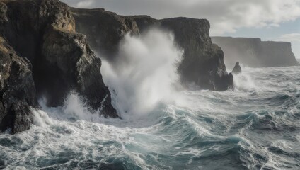 Dramatic ocean waves crashing against rugged cliffs