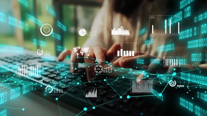 A focused individual analyzes digital data on a keyboard, surrounded by vibrant graphs and charts, representing the intersection of technology and business strategy. Xenic - Powered by Adobe