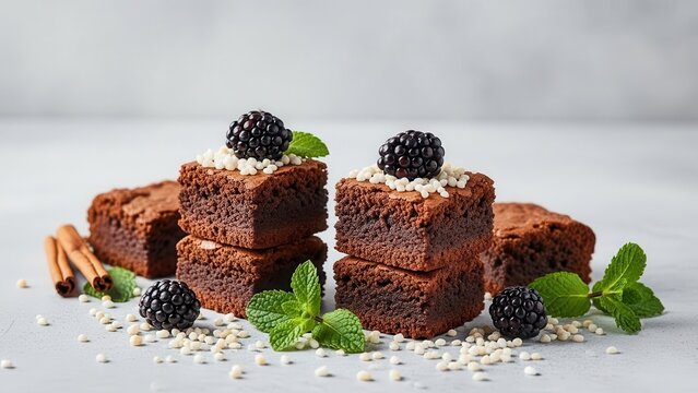 Stack of rich chocolate brownies topped with fresh blackberries, mint leaves, and puffed grains, served on a light surface with cinnamon sticks