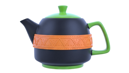 Black Teapot with Green Lid, Handle and Base, Orange Decorative Band