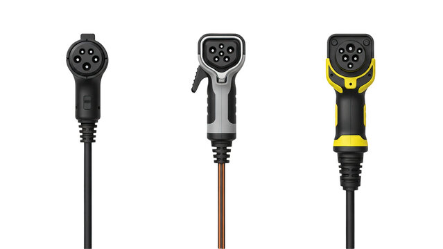 Set of electric vehicle charging connectors, diverse EV plug types for battery charging stations isolated on transparent background