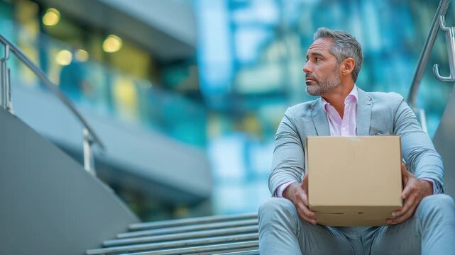 The Unforeseen Obstacle: A dejected individual, clad in business attire, finds himself in a moment of distress, clutching a cardboard box.