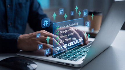 Person typing on laptop with trend created and social media icons floating above keyboard on desk in office