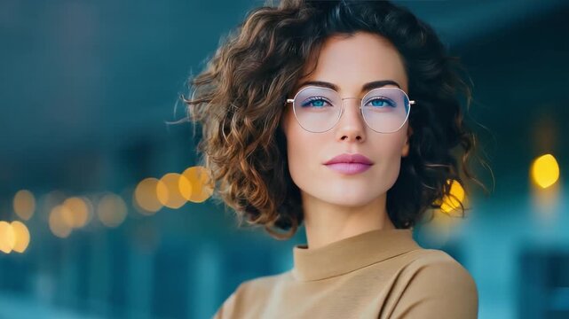 Poised Beauty with Glasses: a captivating young woman with striking features and a modern eyewear frame exudes confidence and sophistication, the background features soft bokeh lights.