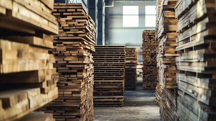 Wood stacks arranged in a warehouse for storage and future use during the day in a lumber yard